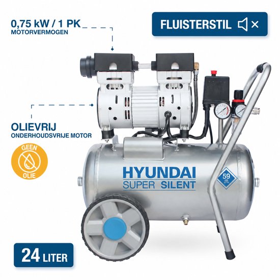 Hyundai 750 Watt Silent Compressor 24 Liter – 8 Bar, Olievrij en 59 dB(A) | SAC55752 — afbeelding 3