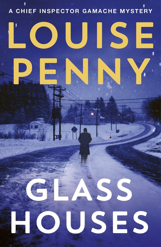Boekomslag: Een eenzame figuur loopt op een besneeuwde weg bij schemering onder de titel 'Glass Houses'.