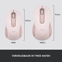 Vergelijking van de roze M650 (10,5 cm) en M650 L (11,5 cm) muis.
