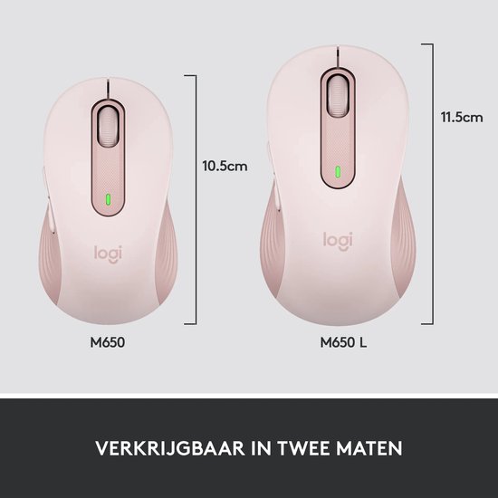 Vergelijking van de roze M650 (10,5 cm) en M650 L (11,5 cm) muis.