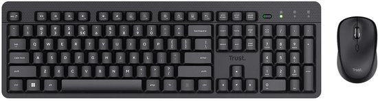 Zwart Trust Azerty-toetsenbord en draadloze muis, bovenaanzicht op witte achtergrond.