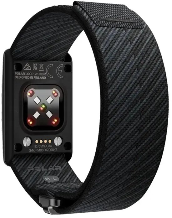 Achterkant van de zwarte Polar Loop met hartslagsensor, tekst POLAR LOOP en Designed in Finland.