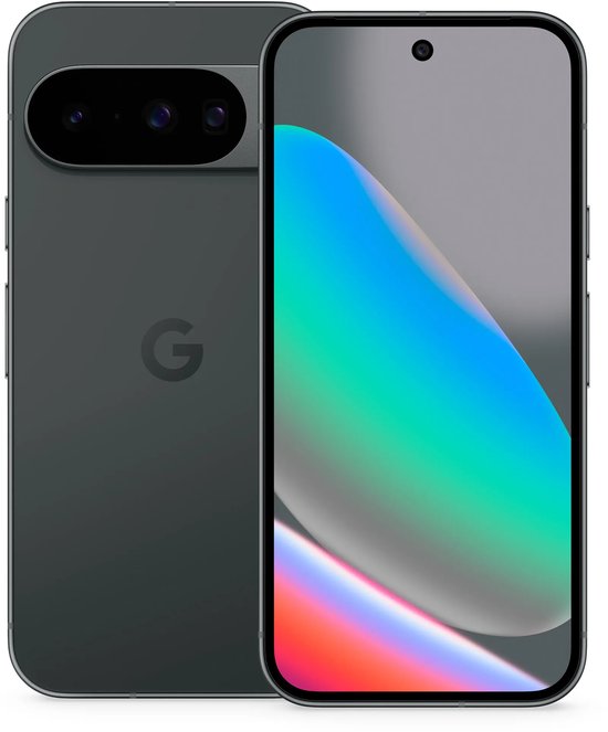Zwarte Google Pixel 10, naast elkaar afgebeeld met voor- en achterkant zichtbaar.
