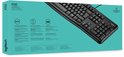 Verpakking van Logitech K120 toetsenbord met productinformatie in het blauw.