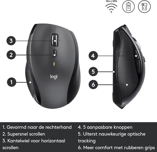 Overzicht van Logitech M705 functies: ergonomisch ontwerp, supersnel scrollen en programmeerbare knoppen.