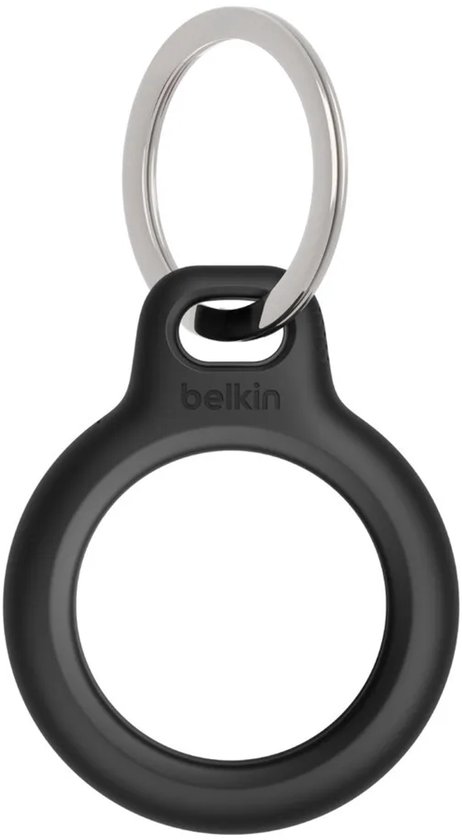 Zwarte Belkin sleutelhangerhouder zonder AirTag, met zilveren metalen ring.