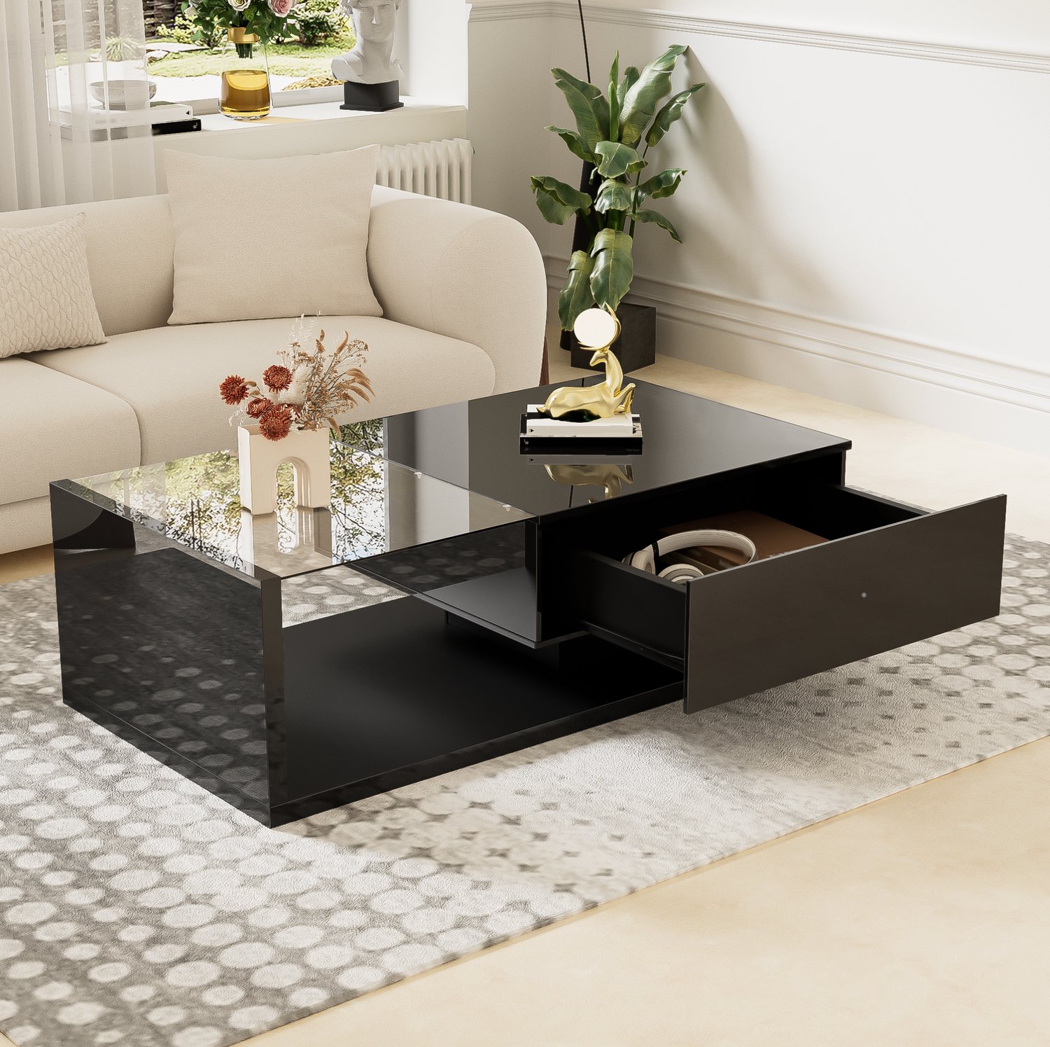 CHICFURN Salontafel 105 cm - LED-verlichting - Opbergvak - Woonkamer - Spaanplaat en glas - Zwart hoogglans