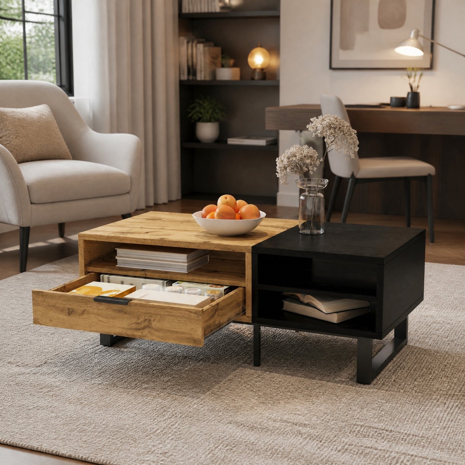 CHICFURN Salontafel - Opbergruimte - Met lade en open vakken - Houtkleur en zwart Naturel