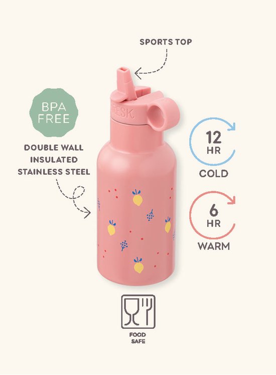 Roze roestvrijstalen thermosfles met zomerfruit-print, sportdop, BPA-vrij, houdt drank 12u koud of 6u warm.