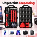 Uitgebreide 122-delige BOTC precisie schroevendraaierset met diverse bitjes voor apparaten. Tekst: Uitgebreide Toepassing.