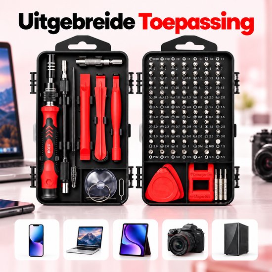 Uitgebreide 122-delige BOTC precisie schroevendraaierset met diverse bitjes voor apparaten. Tekst: Uitgebreide Toepassing.