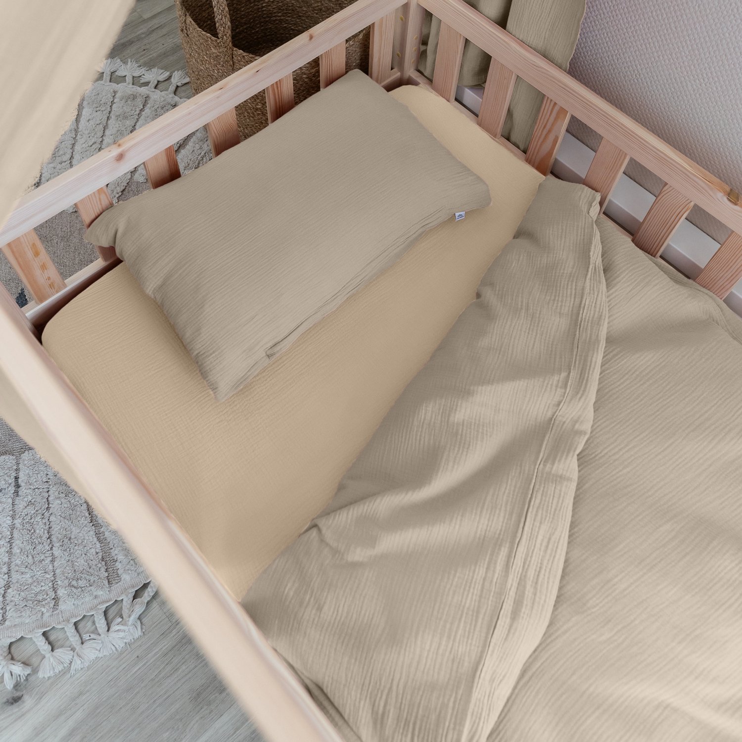 LILIMAUS Kinderdekbedovertrek 100 x 135 cm met kussensloop 40 x 60 cm - mousseline katoen - lichtbeige