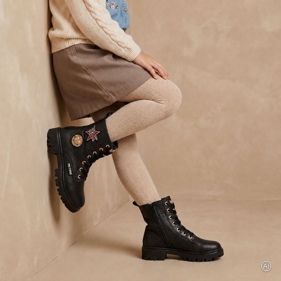 Zwarte Muyters veterboots met badges gedragen door een kind met beige panty en rok.