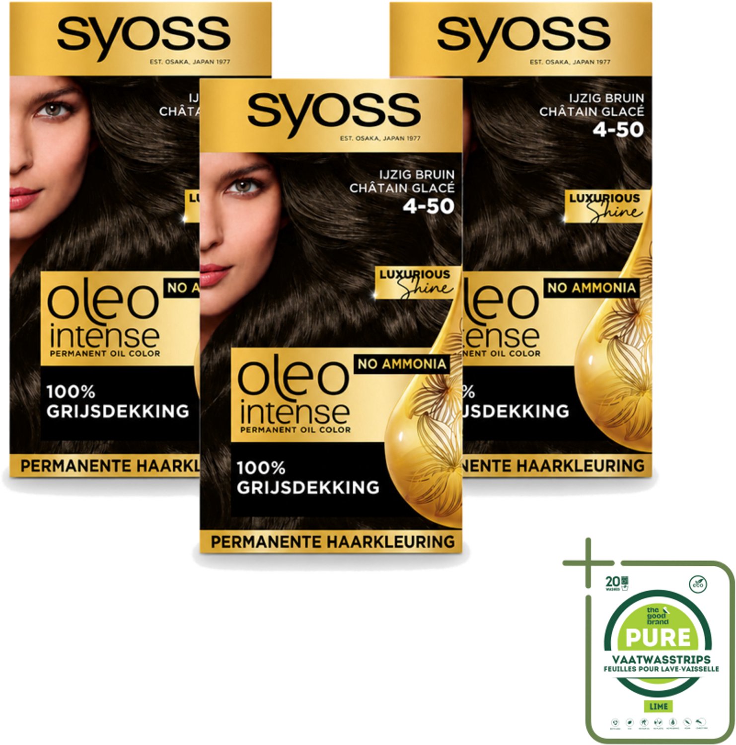 3 x SYOSS - Oleo Intense 4-50 - Haarverf - Permanente Haarkleuring - Ijzig Bruin - Langdurige Kleur - Grootverpakking - Vaatwasstrips - Haarkleuring - Ijzig Bruin - Ammoniakvrij - Permanente Haarkleuring - Haarverzorging