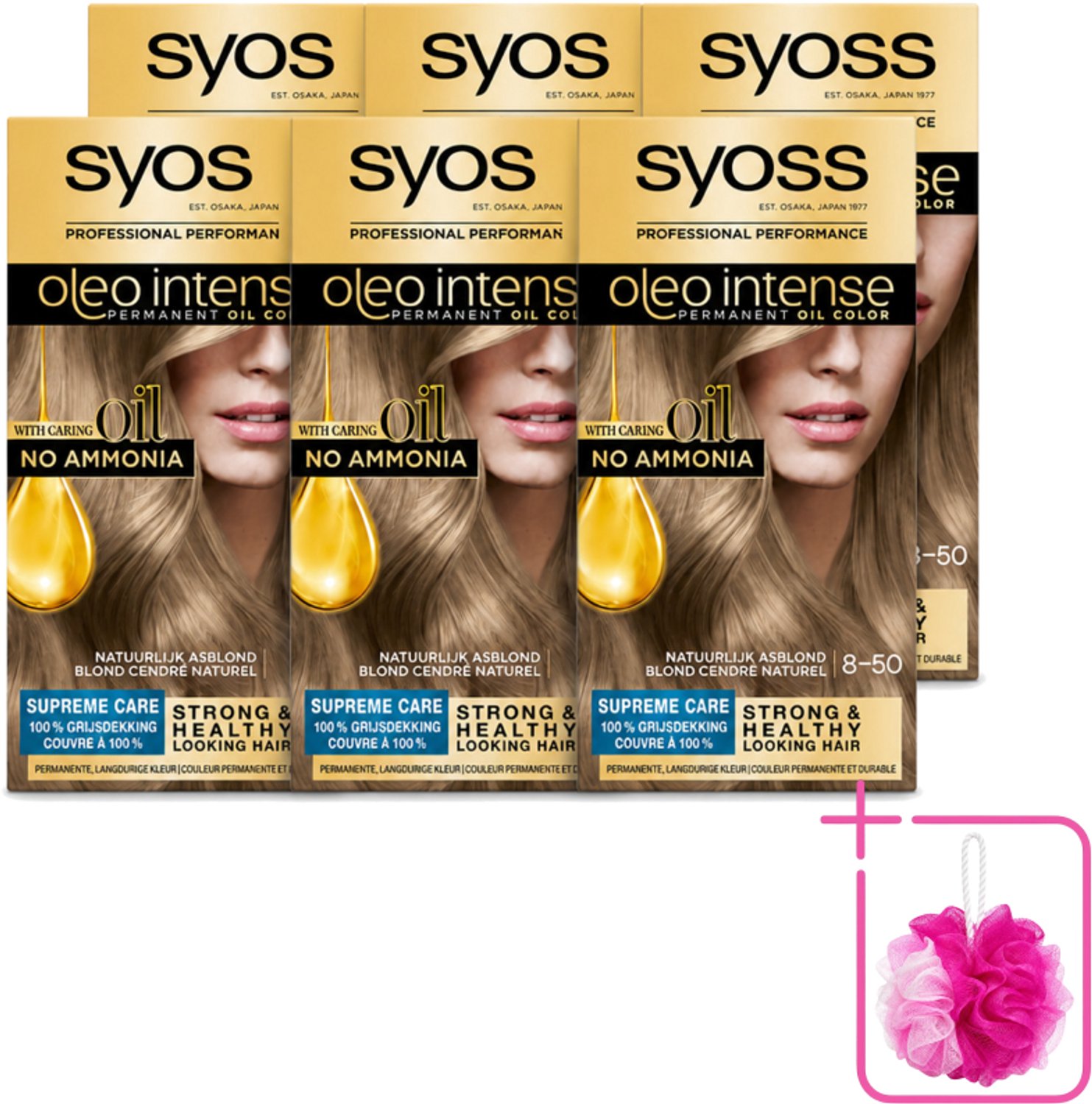 6 x SYOSS - Oleo Intense 8-50 - Haarverf - Permanente Haarkleuring - Natuurlijk Asblond - Langdurige Kleur - Bulkverpakking - Haarkleur - Douchemop - Haarkleuring