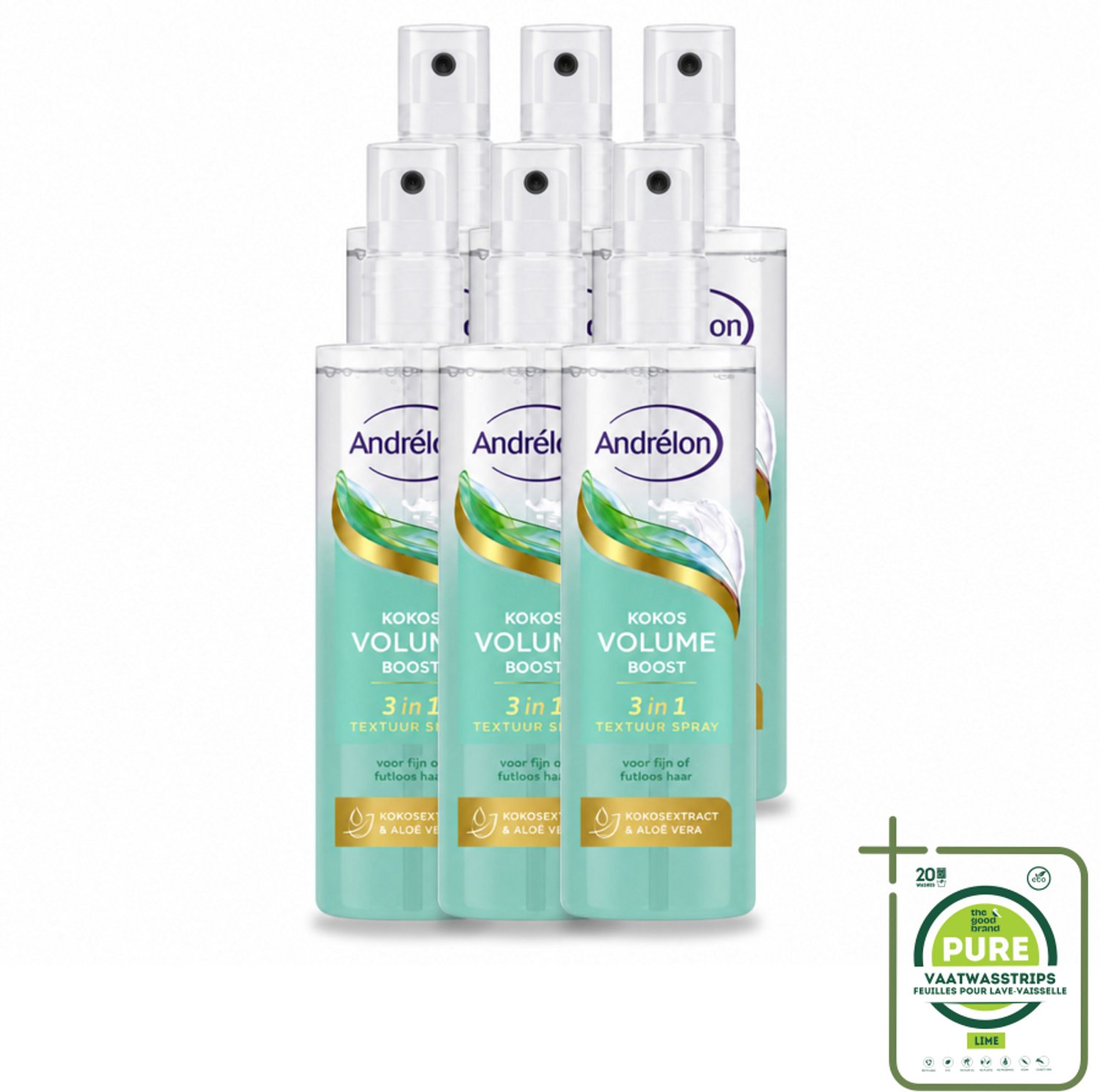 6 x Andrélon – Textuur Spray 3-in-1 – Kokos Volume Boost – 150 ml - Grootverpakking - Vaatwasstrips - Haar Volume - Haar Structuur - Haar Glans - Textuur Spray - Kokos Volume