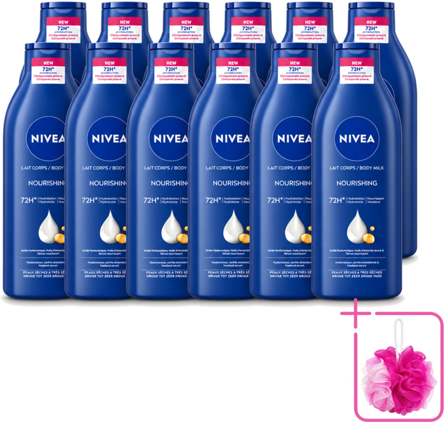 12 x Nivea - Body Milk - 72u Hydratatie - Droge tot Zeer Droge Huid - 400 ml - Bulkverpakking - Hydratatie - Douchemop - Droge huid