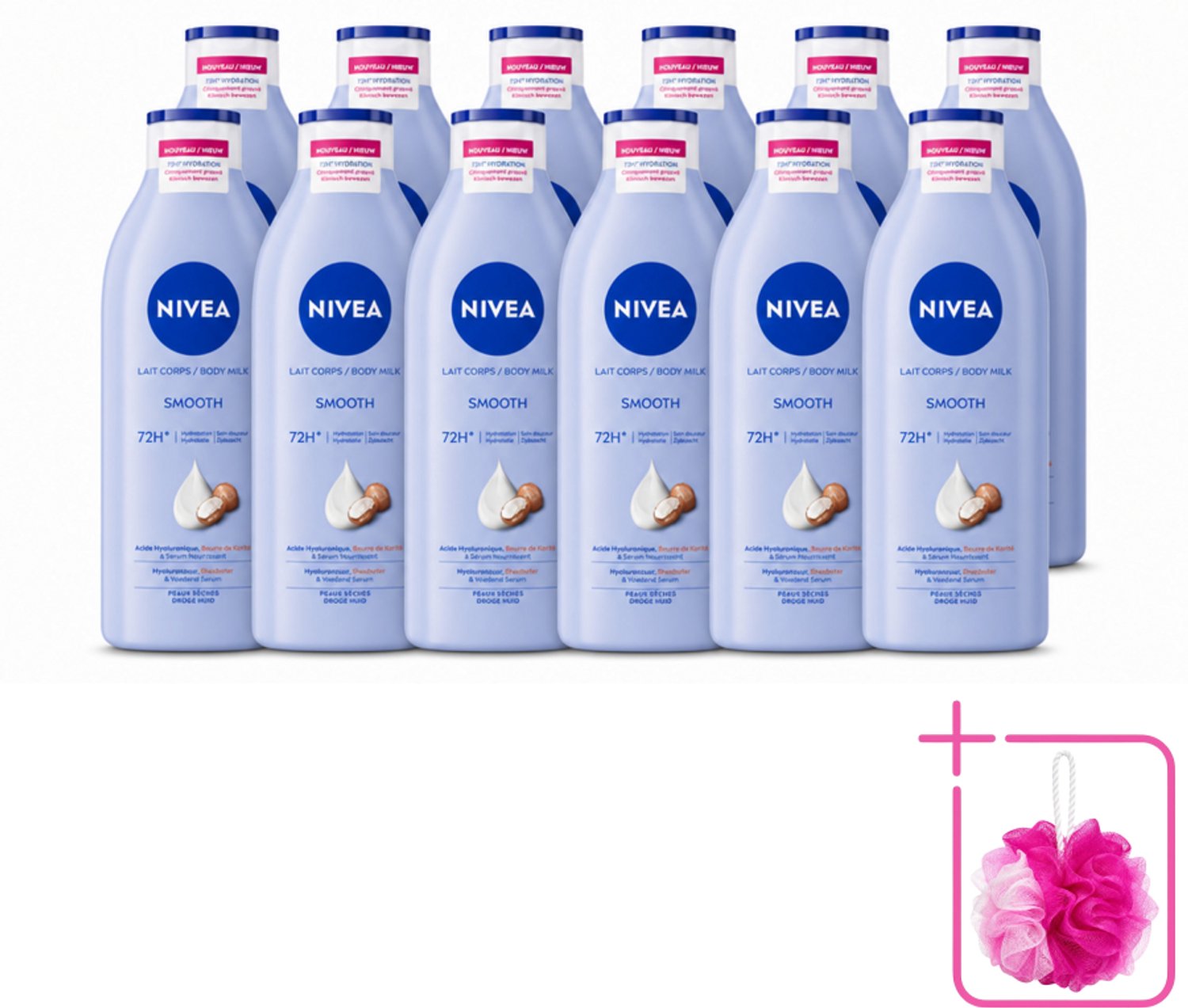 12 x Nivea - Smooth Body Milk - Sheaboter - 72 uur Hydratatie - Voor Droge Huid - 400 ml - Bulkverpakking - Hydratatie - Douchemop - Droge huid