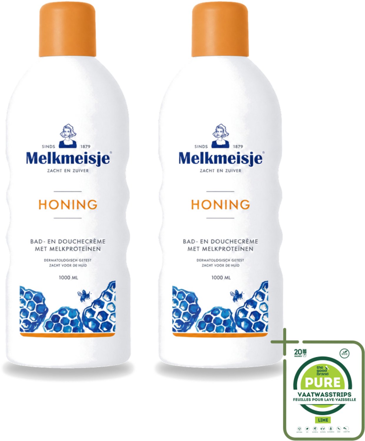 2 x Melkmeisje – Bad & Douche – Honing – 1000 ml - Grootverpakking - Vaatwasstrips - Bad En Douche Crème - Honing Crème - Natuurlijke Honing - Voedende Crème - Gezonde Huid