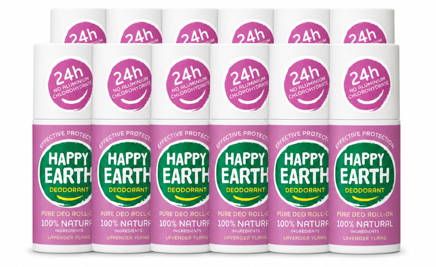 12 x Happy Earth – Deodorant Roll-On – 100% Natuurlijk Lavender Ylang – 75 ml - Voordeelverpakking - 12 stuks
