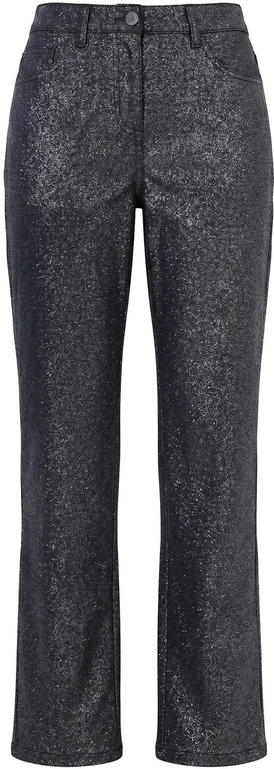 Ulla Popken - Dames - Glitterbroek Mandy wijde pijpen 5-pocketbroek - Zwart - Maat 60