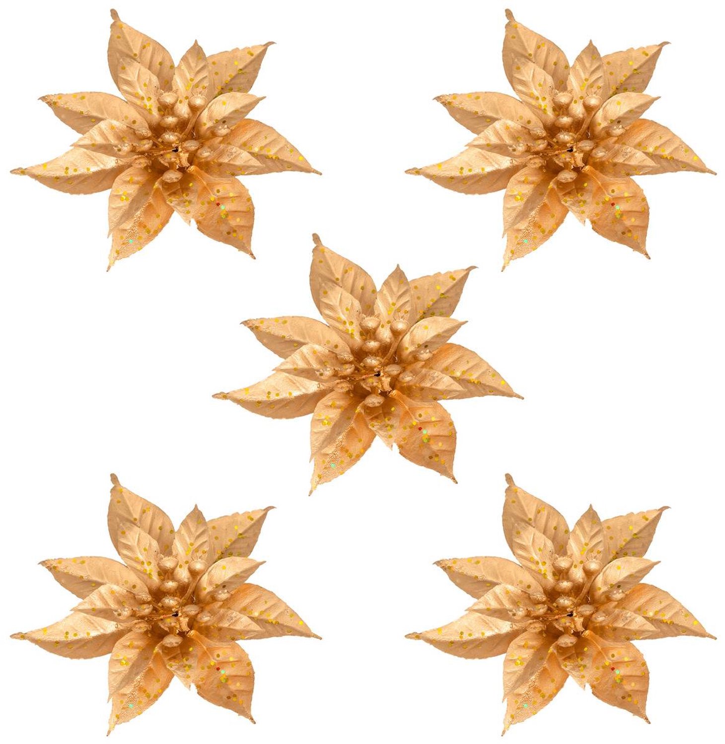 Feeric lights & Christmas Set van 5 gouden plastic kerstbloemen van 8 cm Doré