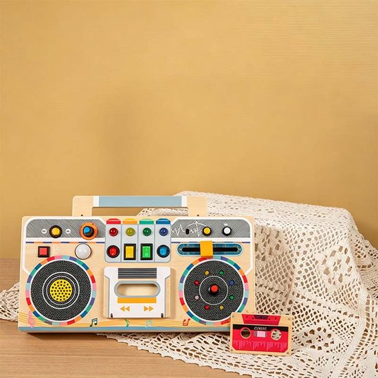 Montessori-activiteitenbord – Houten speelbord in de vorm van een radio – Met ledverlichting en spraakopnamefunctie – Educatief sensorisch speelgoed – Geschikt voor peuters van 1 tot 3 jaar — afbeelding 3