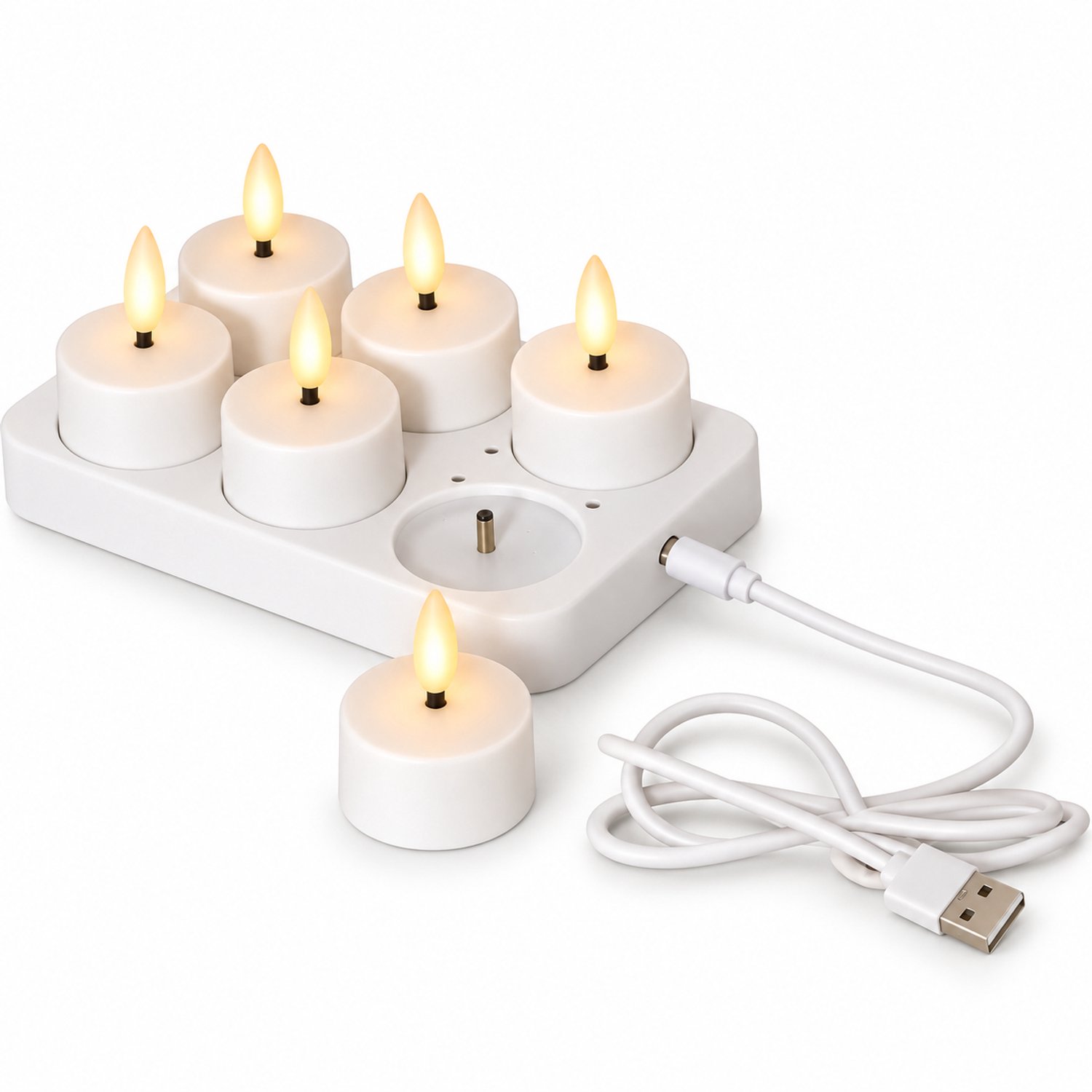 Oplaadbare LED theelichten - Set van 6 - Wit - Met oplader en kabel - 3,9 x 4,7 cm