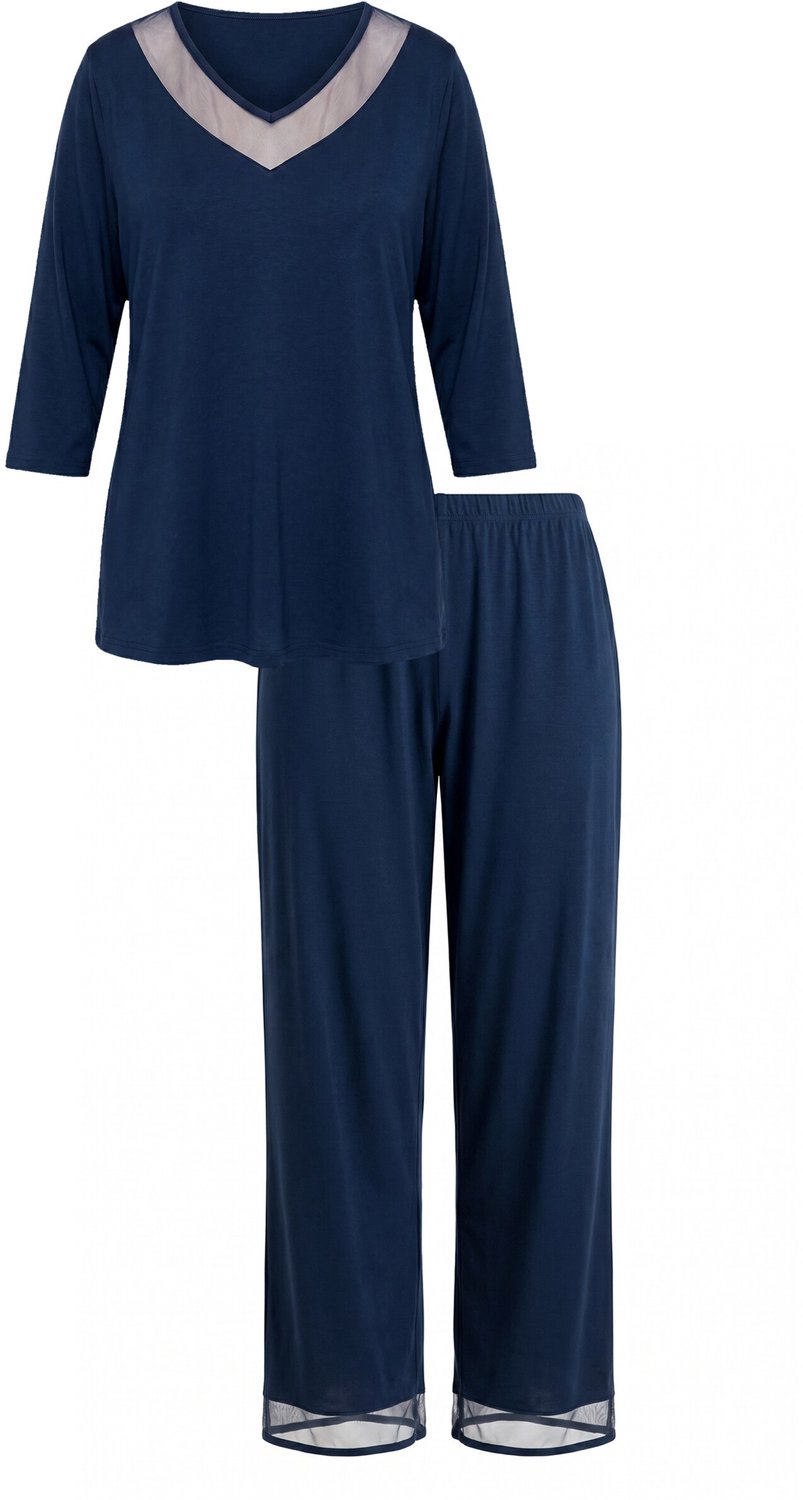 Ulla Popken Dames - Pyjama mesh V-hals 3/4-mouwen - Nachtblauw - Maat 42+