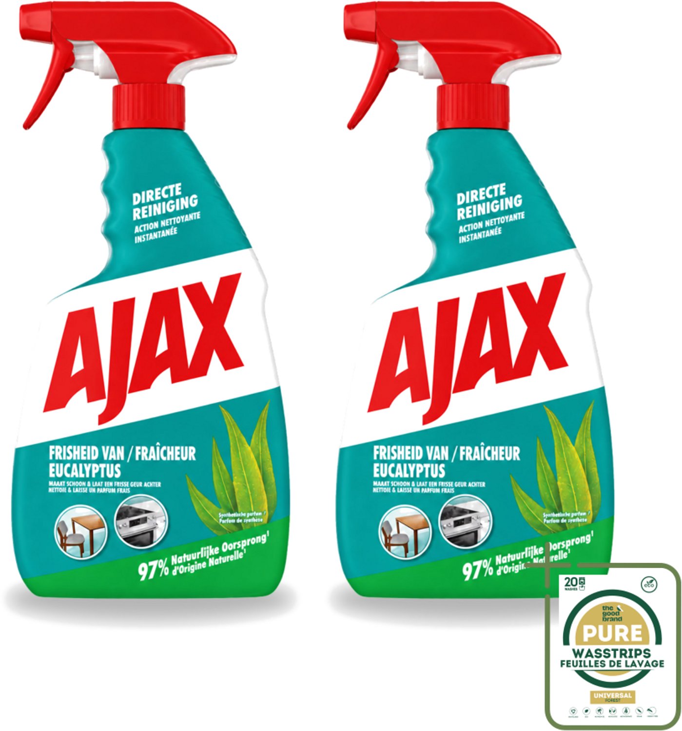 2 x Ajax – Multi-Purpose Spray – Eucalyptus – 750 ml - Wasstrips - Schoonmaak Spray - Eucalyptus Reiniger - Allesreiniger - Krachtige Reiniger - Multi-purpose Spray