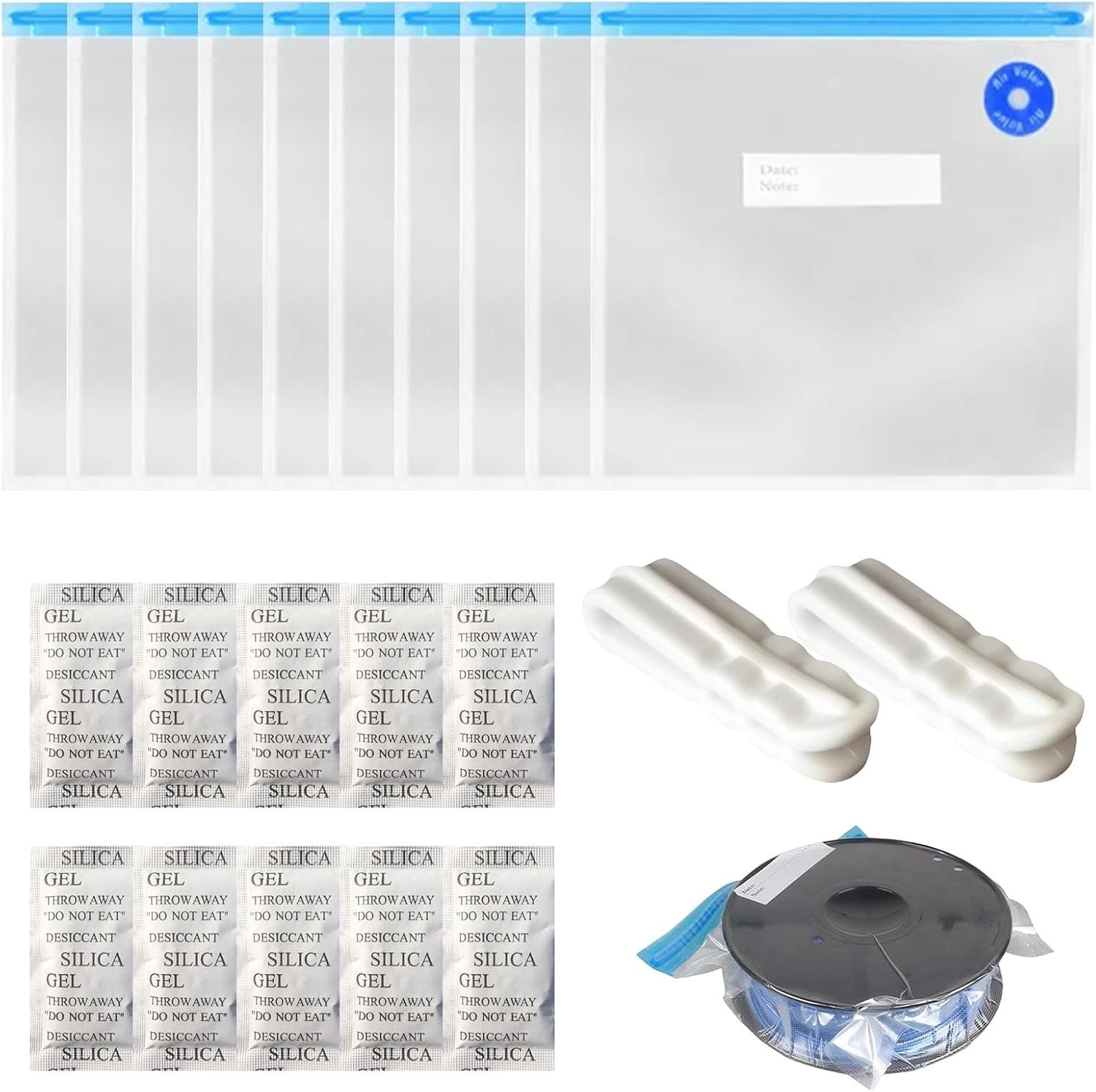 Herbruikbare Vacuumzakken voor Filamentopslag - 10 Stuks, Inclusief 10 Ontvochtigers en 2 Sluitclips, Houd Filament Droog voor 3D Printen met PLA, PETG, TPU en ABS