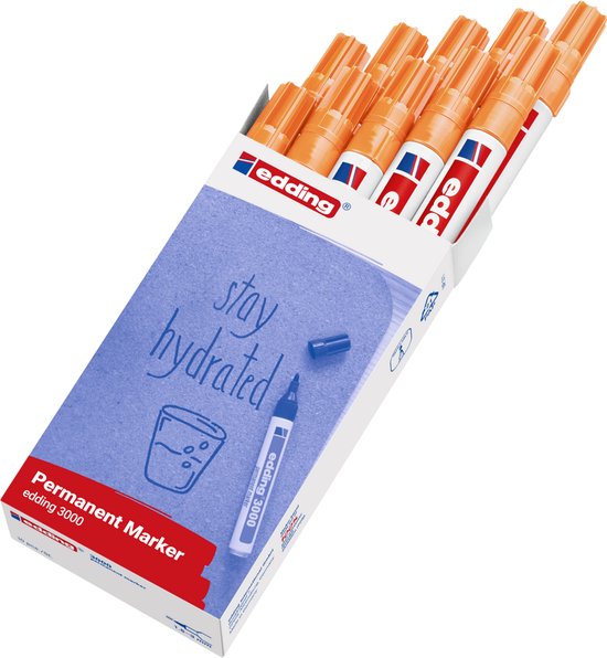 Doos met tien Edding 3000 permanent markers met oranje dop en tekst 'stay hydrated' op de verpakking.