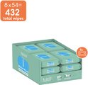 Voordeelverpakking van 8 pakken Naïf waterbillendoekjes, totaal 432 stuks, 0% parfum en alcohol.