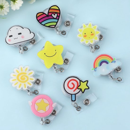 8 Stuks Schattige Badge Reel Met Retractable Badge Holder en Clip, Wolken, Regenbogen en Sterren Ontwerpen, Leuke Cartoon ID Badge Clips voor Verpleegkundigen, Artsen en Studenten — afbeelding 2
