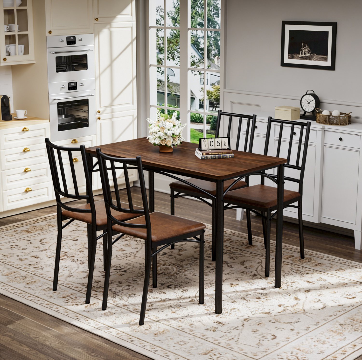CHICFURN Eettafelset - 4 personen - ruimtebesparend - 5-delig - walnoot
