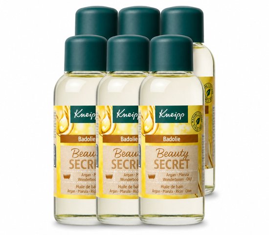 Zes flessen Kneipp Beauty Secret badolie met argan, marula, wonderboom en olijfolie in een voordeelverpakking.