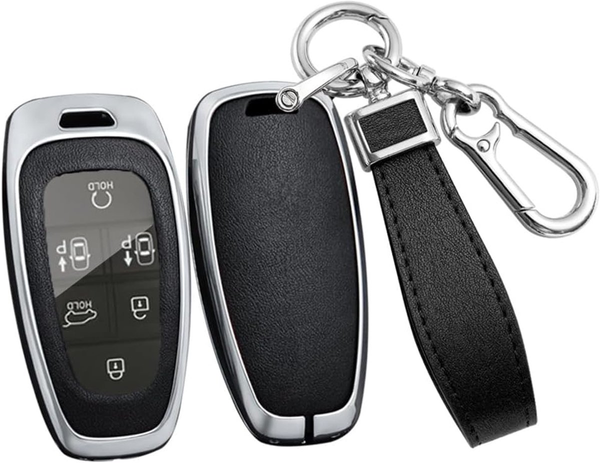 Ontto Sleutelhoes autosleutelhoes sleutelbehuizing beschermhoes geschikt voor Hybrid Hyundai Tucson NX4 Ioniq 5 Santa Fe TM Sonata DN8 Nexo Solaris Grandeur Azera i10 i30 2020-2023 zilver zwart