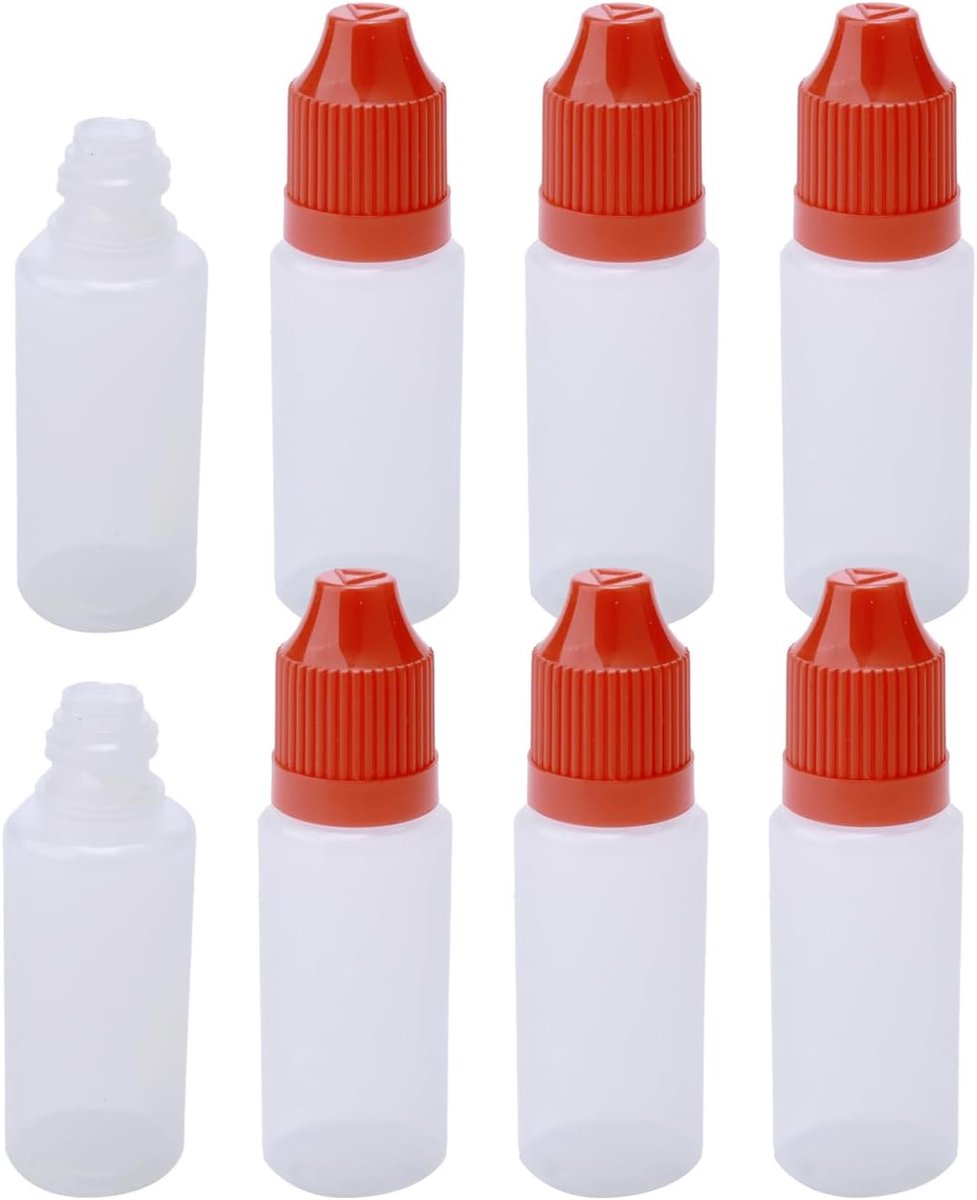 Pack van 10 lege plastic knijpbare oogvloeibare druppelflesjes met kinderveilige dop, rode dop (15 ml)