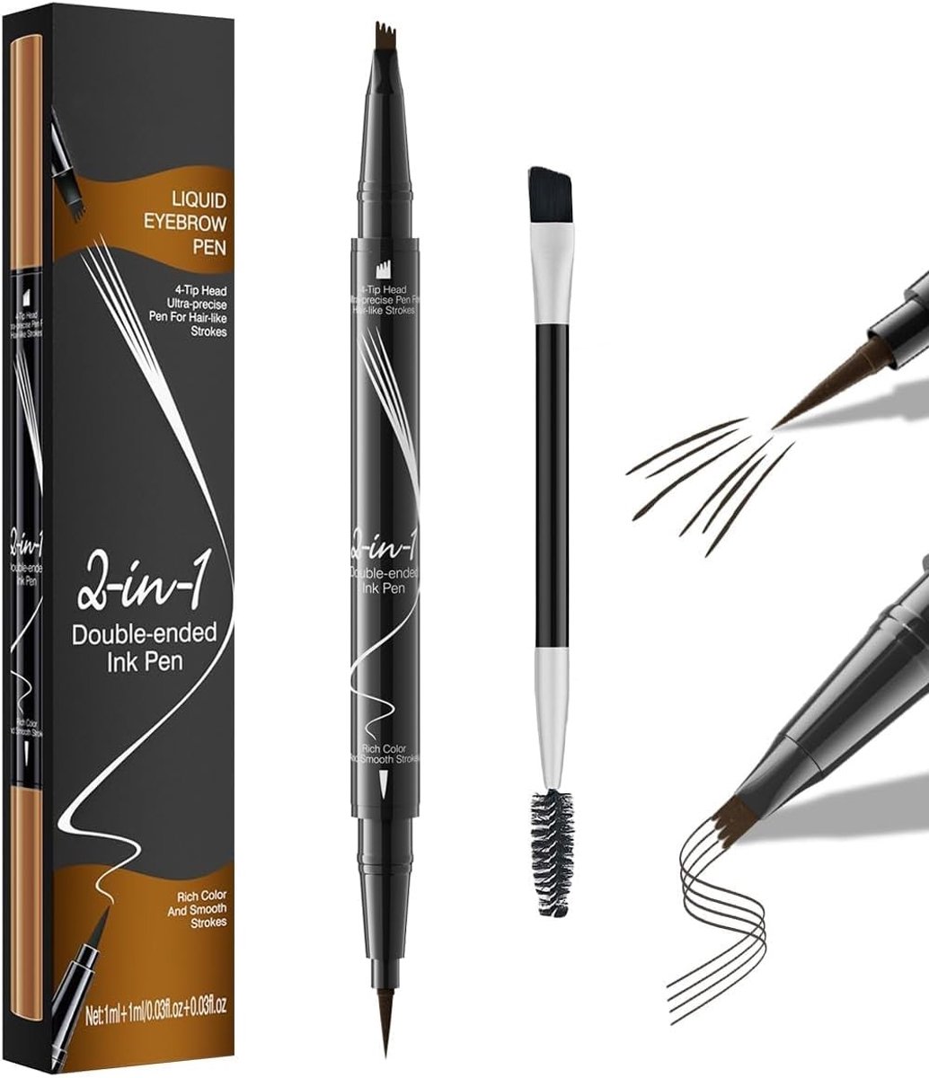 Langdurige en waterdichte 2-in-1 wenkbrauwpen met 4 puntige tips voor natuurlijke wenkbrauwen, smudge-proof en eenvoudig te verwijderen