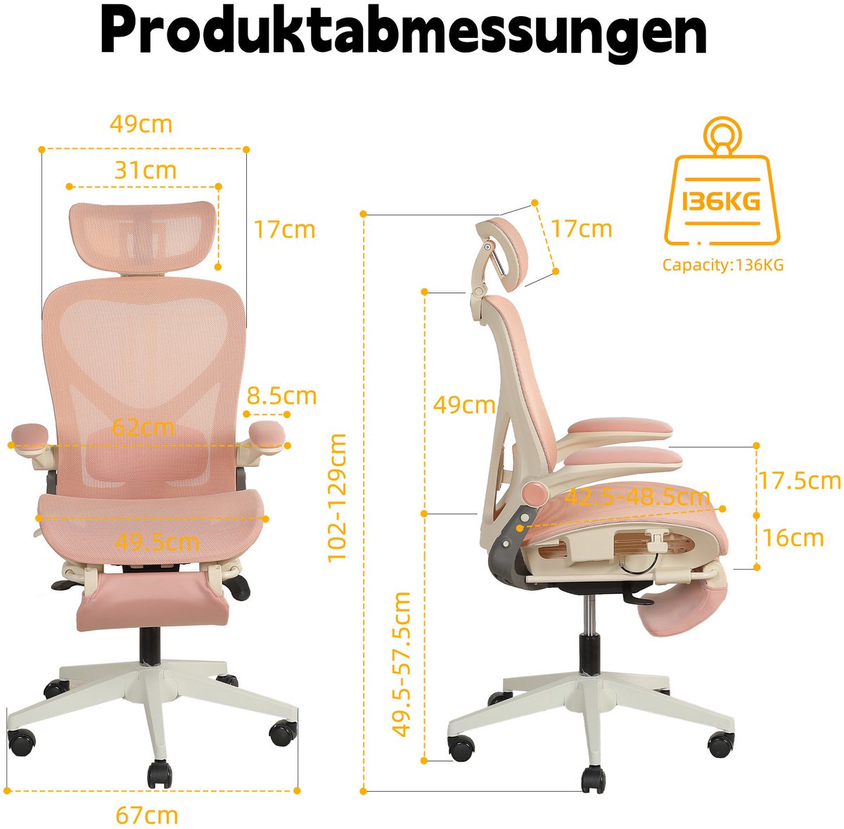 DESMIU Bureaustoel 129 cm - Ergonomisch Met 3D Hoofdsteun, Verstelbare Lendensteun En Kantelfunctie - Kantoor, Studie En Spelen - Netstof Roze