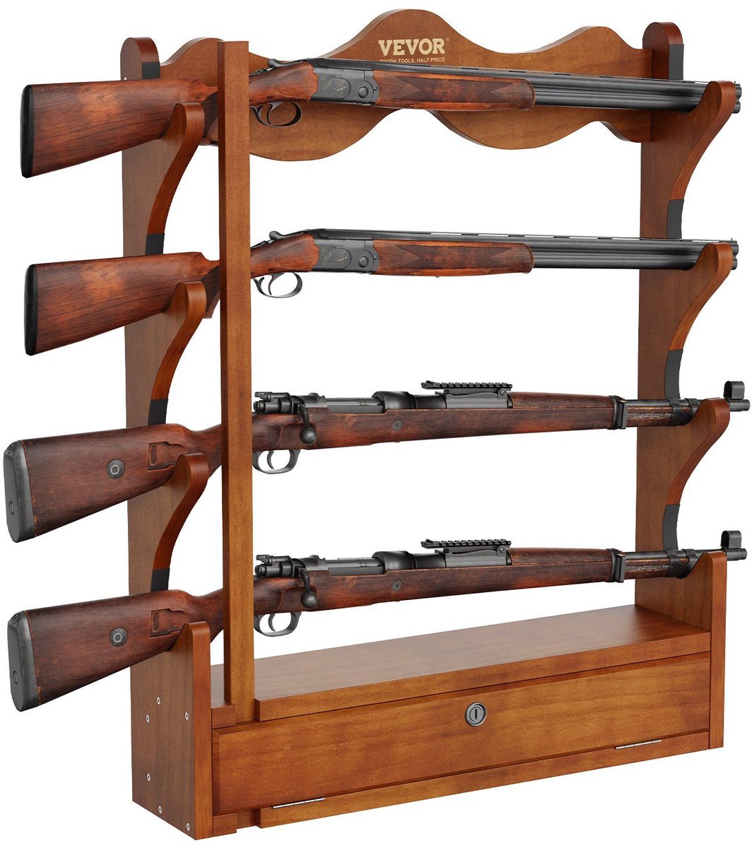 Wapenrek, houten wapenrek voor wandmontage, wapendisplayrek voor 4 geweren of jachtgeweren, 60 kg zwaar wandrek voor opbergruimte en display met zachte bekleding.