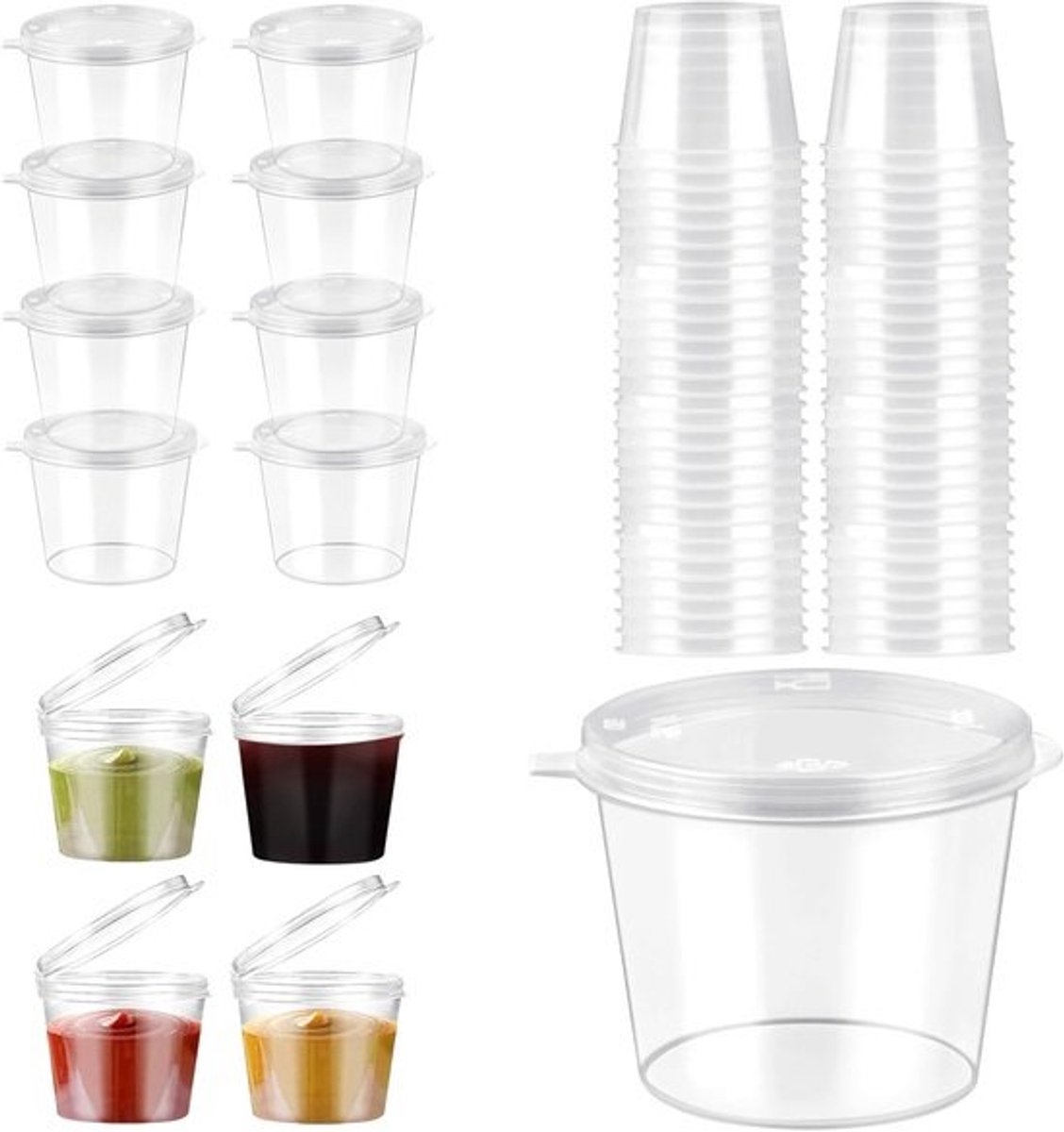150 stuks kleine plastic dozen met deksel - 25 ml sausbekers voor dips, sauzen en salades - Lekvrij en ideaal voor opslag