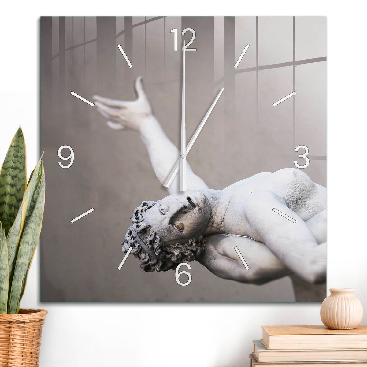 ArtPrintCave Wit Glazen Klok - 60x60 cm - Wandklok Vierkant - Klassieke Sculptuur Unieke Klok - Mensen Stille Wandklok - Witte Klokwijzers