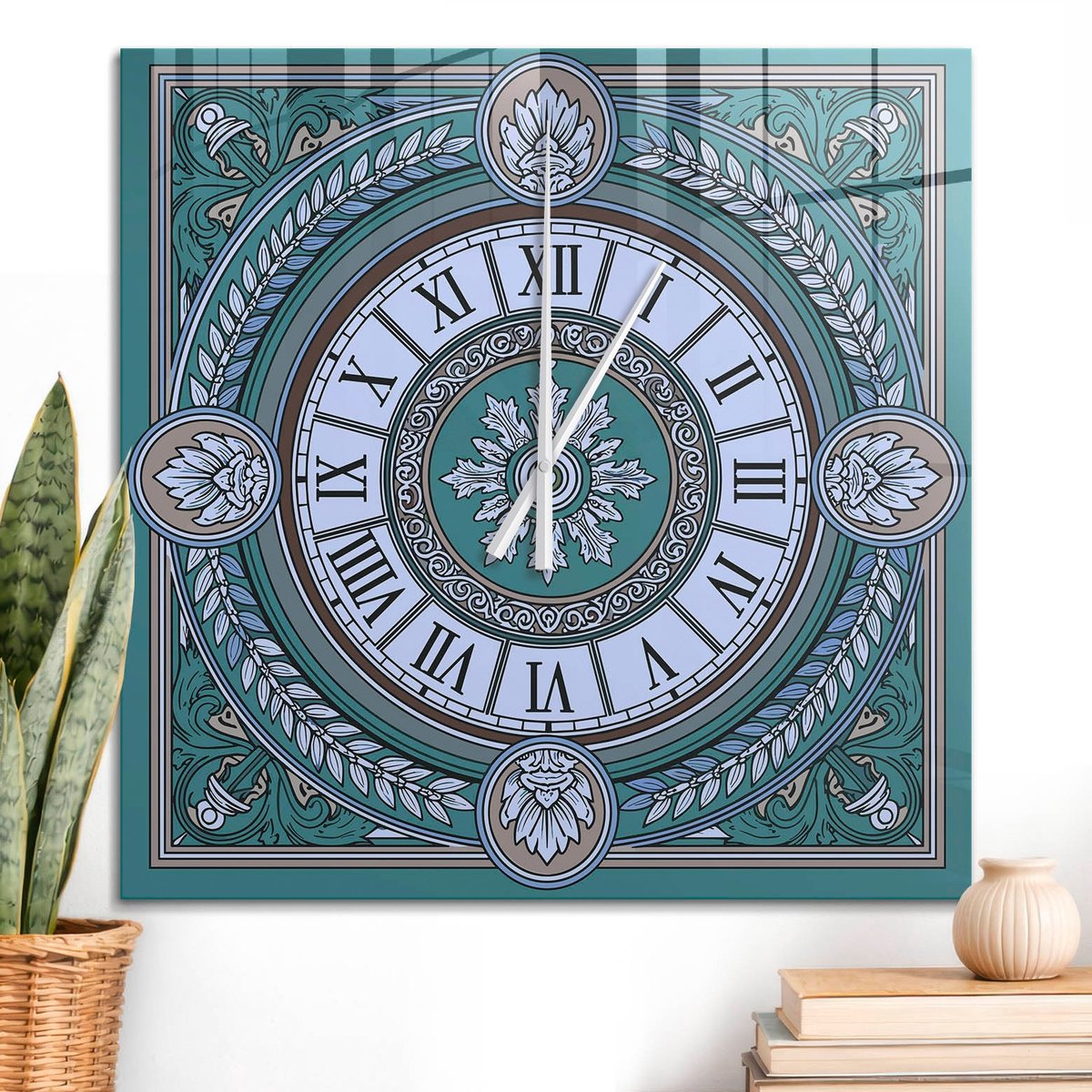 ArtPrintCave Turkoois Glazen Klok - 60x60 cm - Wandklok Vierkant - Art Nouveau-Schild Wandklok Keuken - Geometrie Unieke Klok - Witte Klokwijzers