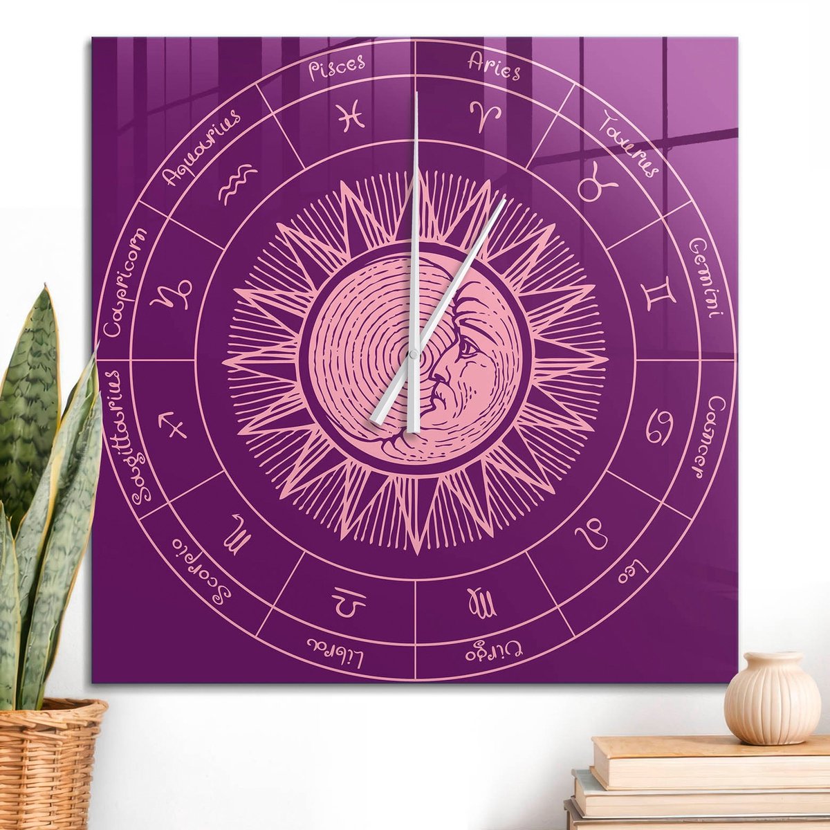 ArtPrintCave Paars Glazen Klok - 60x60 cm - Wandklok Vierkant - Dierenriem Mandala Stille Wandklok - Kosmos Wandklok Keuken - Witte Klokwijzers