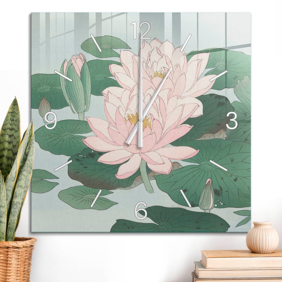 ArtPrintCave Groene Glazen Klok - 60x60 cm - Wandklok Vierkant - Waterbloemen Wandklok Keuken - Natuur Unieke Klok - Witte Klokwijzers