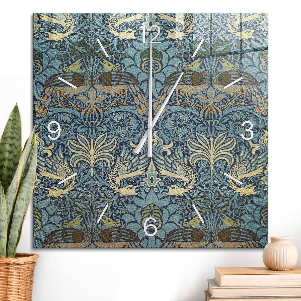 ArtPrintCave Blauw Glazen Klok - 60x60 cm - Wandklok Vierkant - Gestileerde Vogels Stille Wandklok - Natuur Wandklok Keuken - Witte Klokwijzers