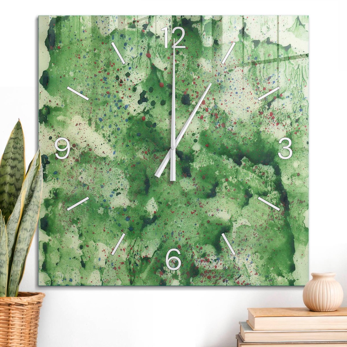 ArtPrintCave Groene Glazen Klok - 60x60 cm - Wandklok Vierkant - Groene Explosie Unieke Klok - Natuur Stille Wandklok - Witte Klokwijzers