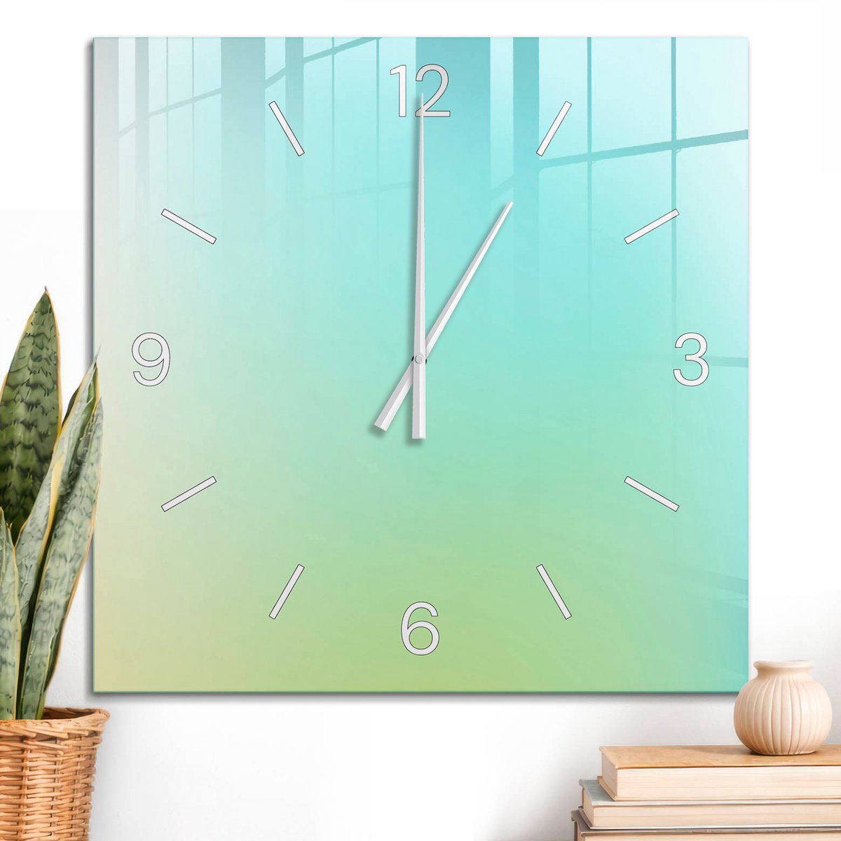 ArtPrintCave Turkoois Glazen Klok - 60x60 cm - Wandklok Vierkant - Kleurrijk Verloop Unieke Klok - Achtergronden En Patronen Stille Wandklok - Witte Klokwijzers