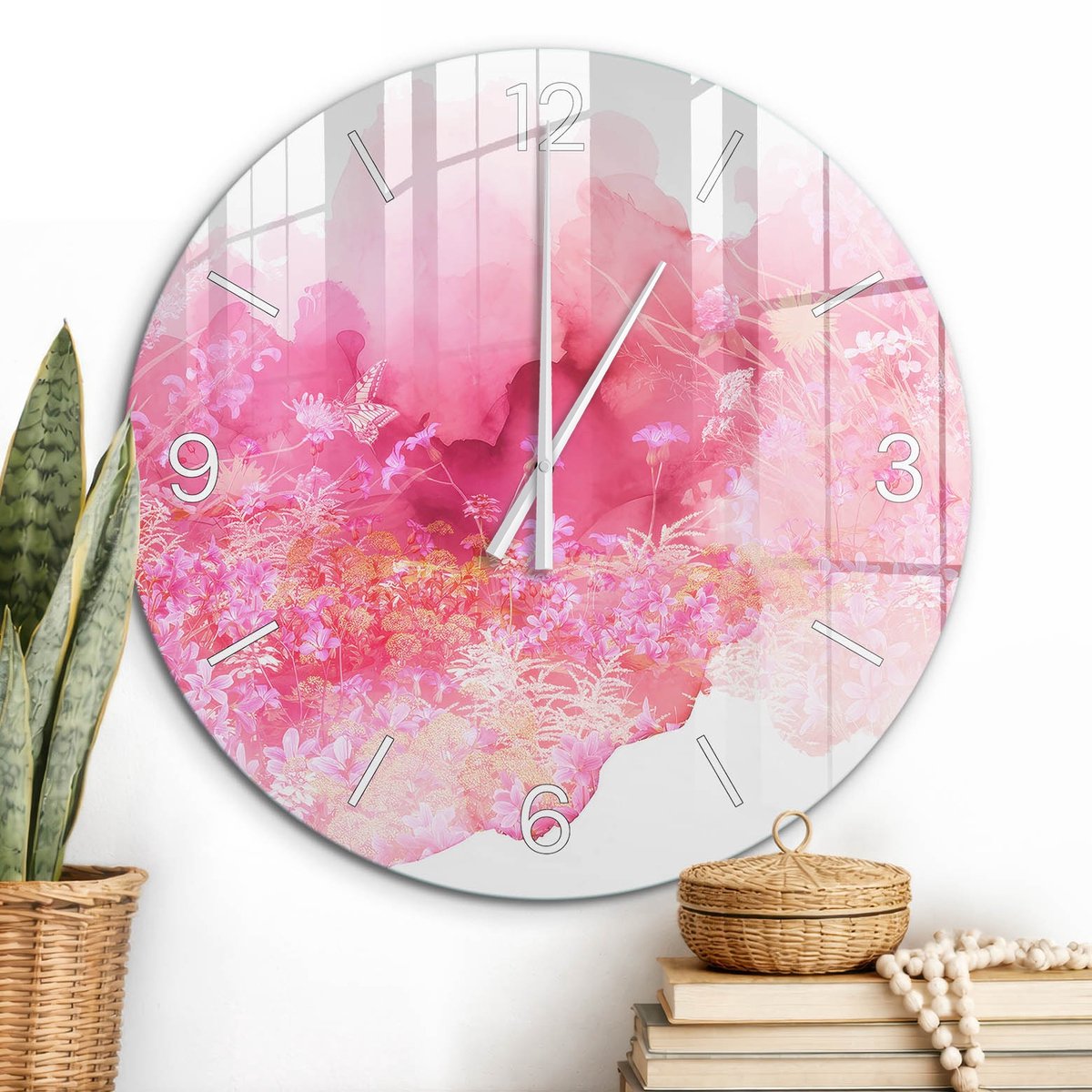 ArtPrintCave Roze Glazen Klok - Wandklok 60 cm - Muurklok Rond - Bloemenharmonie Wandklok Keuken - Abstractie Unieke Klok - Witte Klokwijzers